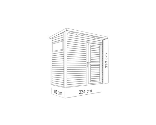 Illustration eines Gerätehauses mit Fenster und Tür und den Maßen 115 cm x 234 cm x 232 cm.