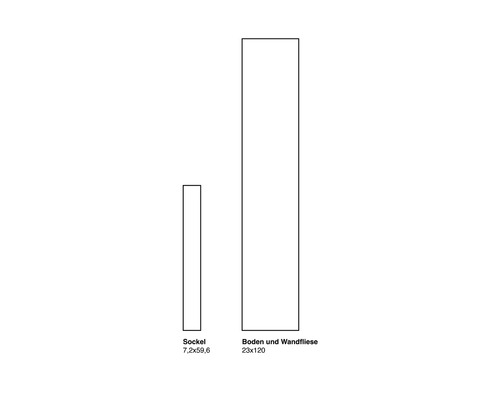 Abbildung einer Sockelfliese in der Größe 7,2x59,6 cm und einer Boden- und Wandfliese in der Größe 23x120 cm.