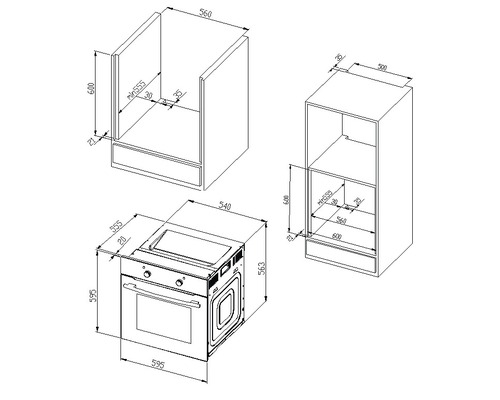 Maßzeichnung für Einbauherd und Hochschrank