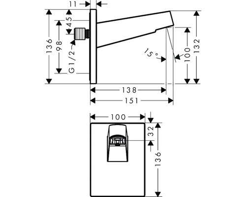 Technische Zeichnung eines Wasserhahns mit Maßangaben