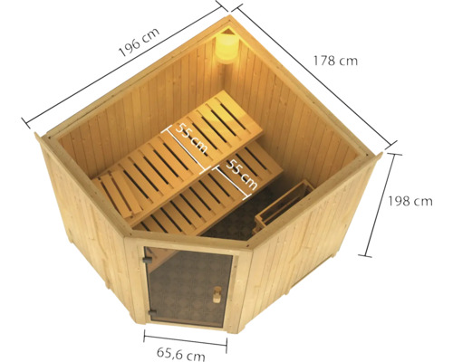 Dimensions d''un sauna d''angle avec bancs en bois et porte en verre