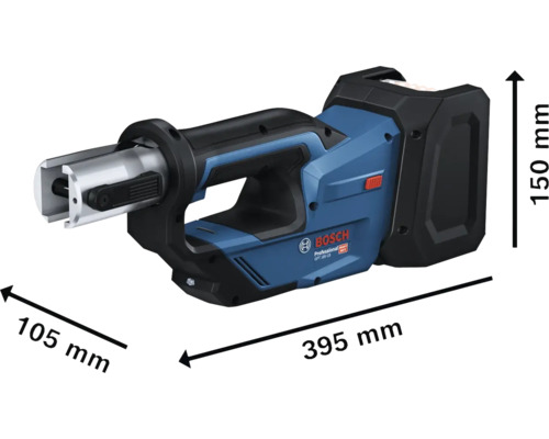 Bosch Professional Akku-Tieflochbohrer mit den Massen 395 mm x 105 mm x 150 mm.