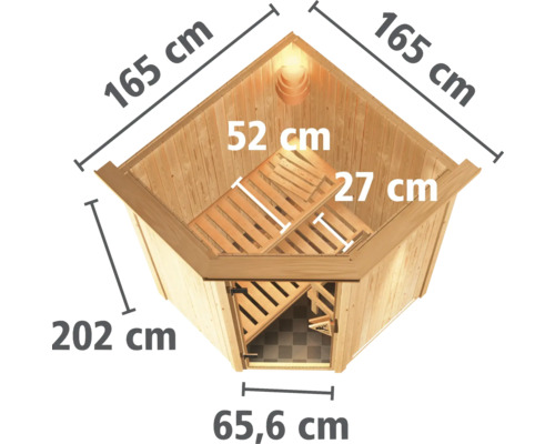 Vue de dessus d''un sauna d''angle avec les dimensions de la longueur, de la largeur et de la hauteur