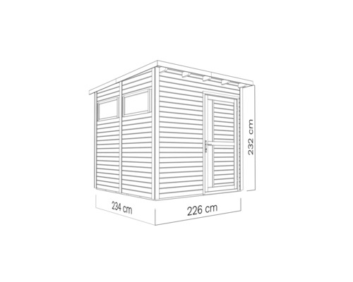 Illustration eines Gartenhauses mit den Maßen 234 cm x 226 cm x 232 cm