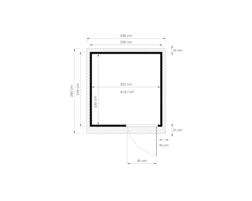 Grundriss mit den Abmessungen 246 mal 265 Zentimeter und einer Fläche von 5,1 Quadratmetern