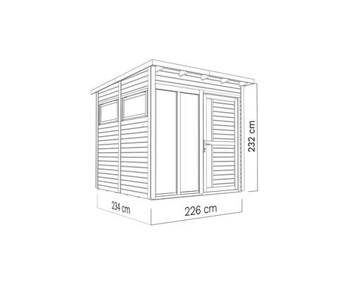 Abri de jardin en bois avec fenêtres, double porte et dimensions de 234 sur 226 sur 232 centimètres