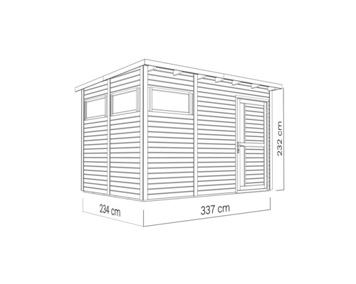 Illustration d''un abri de jardin avec une porte, deux fenêtres et des dimensions de 234 x 337 x 232 centimètres.