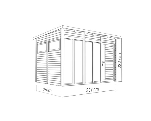 Illustration eines Gartenhauses mit den Maßen 234 cm mal 337 cm und einer Höhe von 232 cm