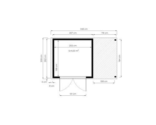 Grundrisszeichnung eines Gartenhauses mit Maßangaben in Zentimetern.