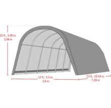 Image d''une tente de stockage avec les dimensions de hauteur, largeur et longueur.