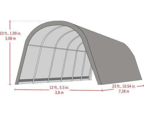 Abbildung eines Lagerzelts mit Höhen-, Breiten- und Längenangaben.
