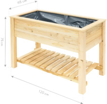 Jardinière sur pieds en bois avec étagère et dimensions 120 x 65 x 75 cm.
