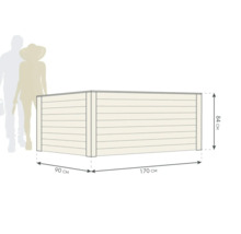 Dimensions du potager surélevé : 170 centimètres de longueur, 90 centimètres de largeur et 84 centimètres de hauteur.
