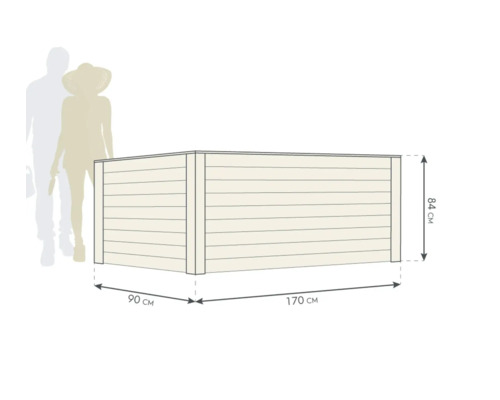 Dimensions du potager surélevé : 170 centimètres de longueur, 90 centimètres de largeur et 84 centimètres de hauteur.