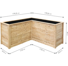Jardinière d''angle surélevée en bois, dimensions 170,5 cm x 170,5 cm x 84 cm