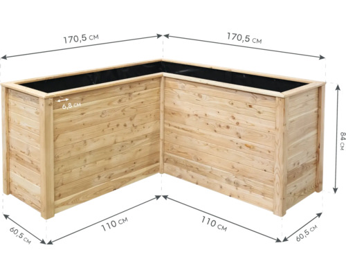 Jardinière d''angle surélevée en bois, dimensions 170,5 cm x 170,5 cm x 84 cm