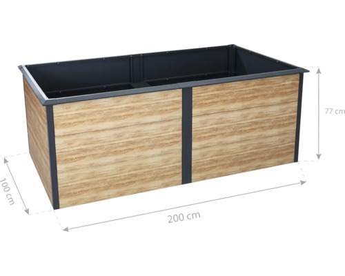 Jardinière surélevée mesurant 200 cm de long, 100 cm de large et 77 cm de haut.