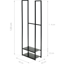 Porte-vêtements avec deux étagères et les dimensions 120 cm de hauteur, 40 cm de largeur et 20 cm de profondeur.