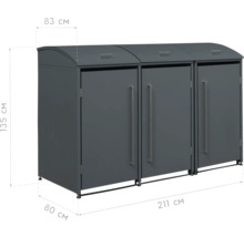 Cache-conteneurs gris avec trois compartiments et indications de dimension