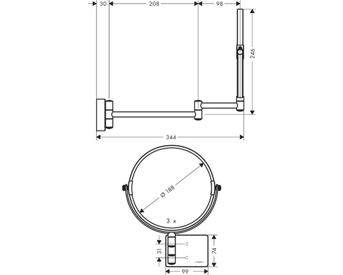 Schéma technique d''un miroir de maquillage avec indications de dimensions