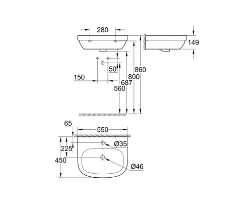 Technische Zeichnung eines Waschtischs mit Maßangaben