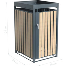 Cache-poubelle avec porte en métal et bois, dimensions 124 x 84 x 68 cm