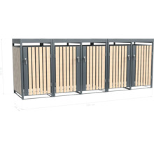 Cache-conteneurs pour trois poubelles, avec habillage en bois et cadre en métal