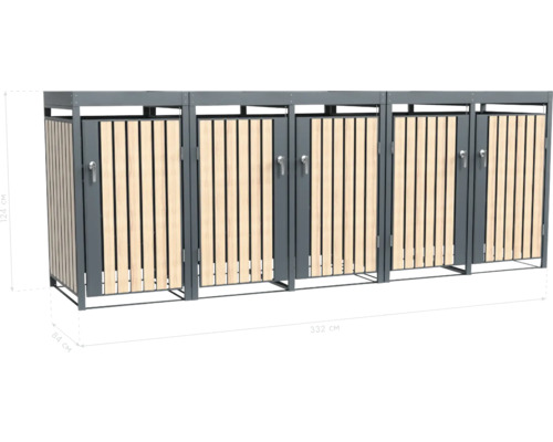 Mülltonnenbox für drei Mülltonnen, mit Holzverkleidung und Metallrahmen