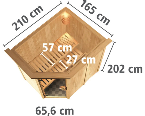 Maße einer Ecksauna mit Bänken und Lampe