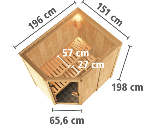 Vue de dessus d''un sauna avec les dimensions.