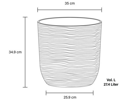 Skizze eines Pflanzgefäßes mit den Maßen 35 cm Breite, 34,9 cm Höhe und einem Volumen von 27,4 Litern