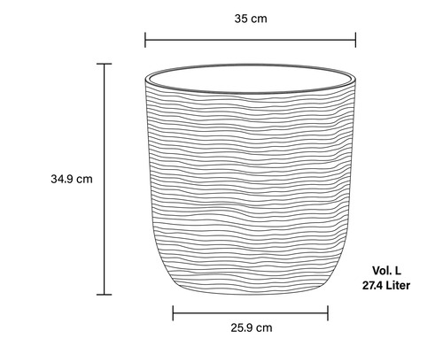 Technische Zeichnung eines Pflanzgefäßes mit den Maßen 35 Zentimeter Durchmesser oben, 25,9 Zentimeter Durchmesser unten, 34,9 Zentimeter Höhe und einem Volumen von 27,4 Litern.