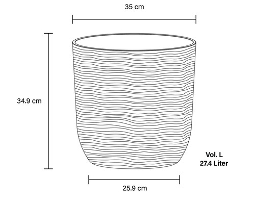 Abbildung eines Pflanzgefäßes mit den Maßen 35 cm Breite, 34,9 cm Höhe, 25,9 cm Tiefe und einem Volumen von 27,4 Litern.