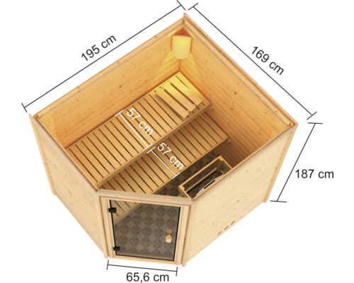 Innenansicht einer Sauna mit Maßen und zwei Holzbänken