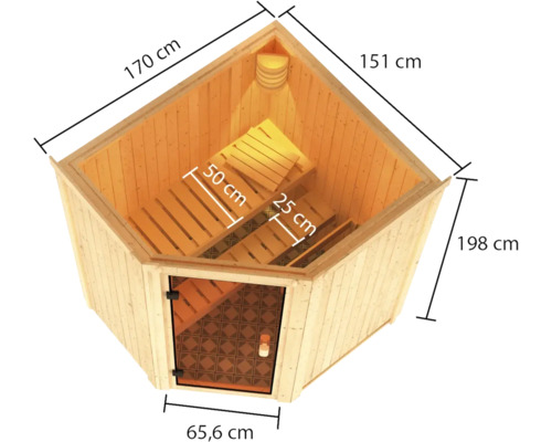 Vue de dessus d''un sauna d''angle avec indications de longueur, largeur et hauteur