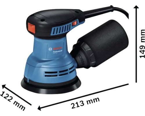 Ponceuse excentrique Bosch avec les dimensions 122 mm, 149 mm et 213 mm