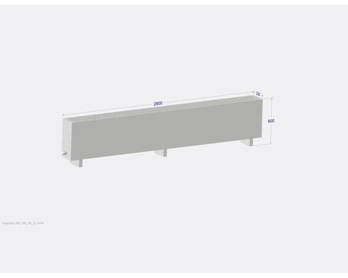 Radiateur avec dimensions 2800 x 230 x 600 millimètres.