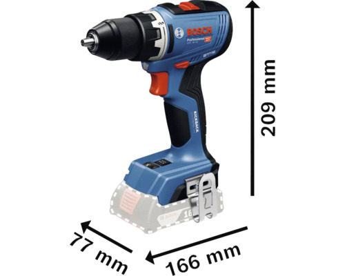 Visseuse-perceuse sans fil Bosch avec des dimensions de 209 mm de hauteur, 166 mm de longueur et 77 mm de largeur.