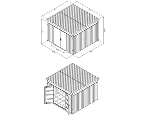 Abbildung eines Gerätehauses mit Abmessungen