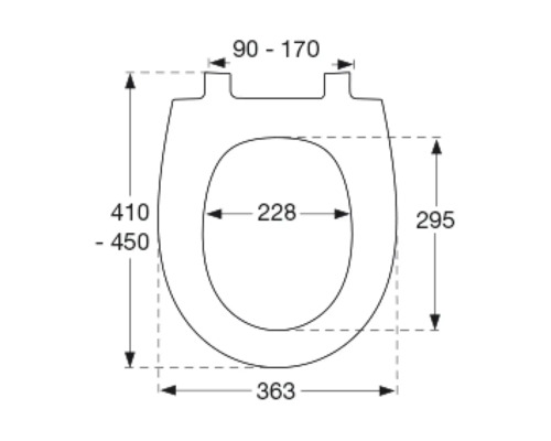 Technische Zeichnung eines WC-Sitzes mit Maßangaben