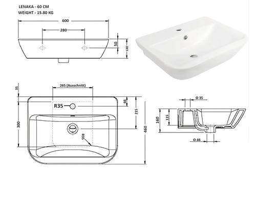 Schéma technique et vue du produit d''un lavabo avec dimensions.