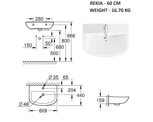 Schéma technique lavabo Rekia, 60 cm, poids 16,70 kg
