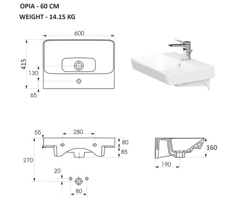 Schéma technique d''un lavabo blanc avec robinetterie et indications de dimensions.