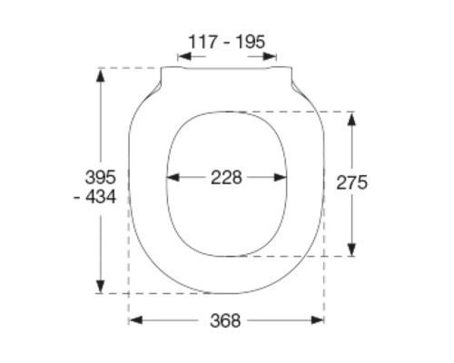 Technische Zeichnung eines Toilettensitzes mit Maßangaben