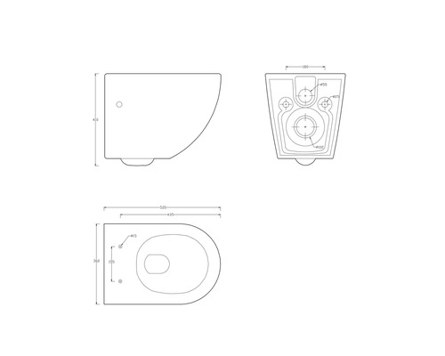 Technische Zeichnung einer wandhängenden Toilette mit Abmessungen