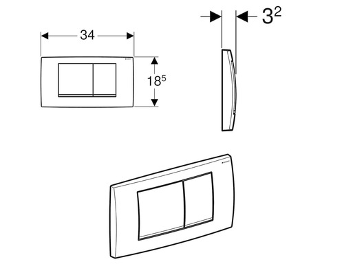 Technische Zeichnung einer Betätigungsplatte mit Maßangaben