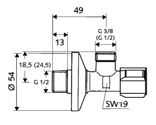 Technische Zeichnung eines Eckventils mit Maßangaben