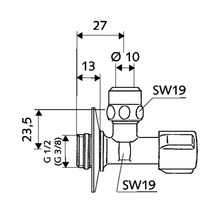 Technische Zeichnung eines Eckregulierventils mit Maßangaben