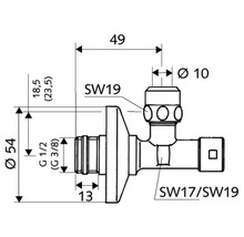 Technische Zeichnung eines Eckregulierventils mit Maßangaben