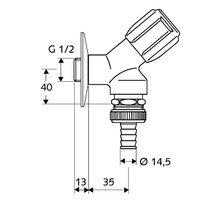 Technische Zeichnung eines Eckventils mit Maßangaben
